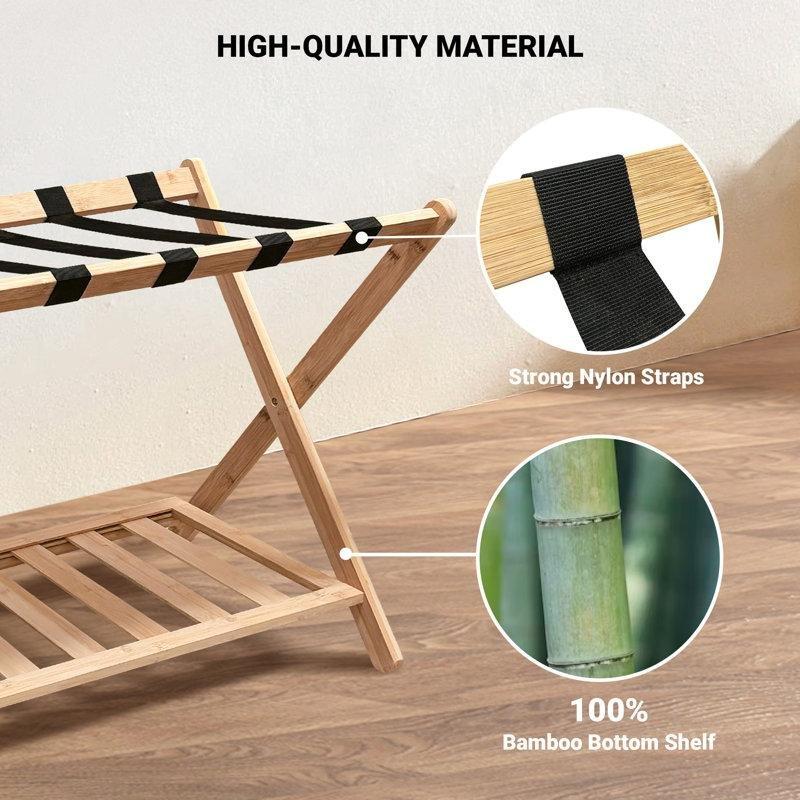 Sarı Bambu Katlanabilir Raflı 2li Set Valiz Sehpası - 69x72 cm - 187063