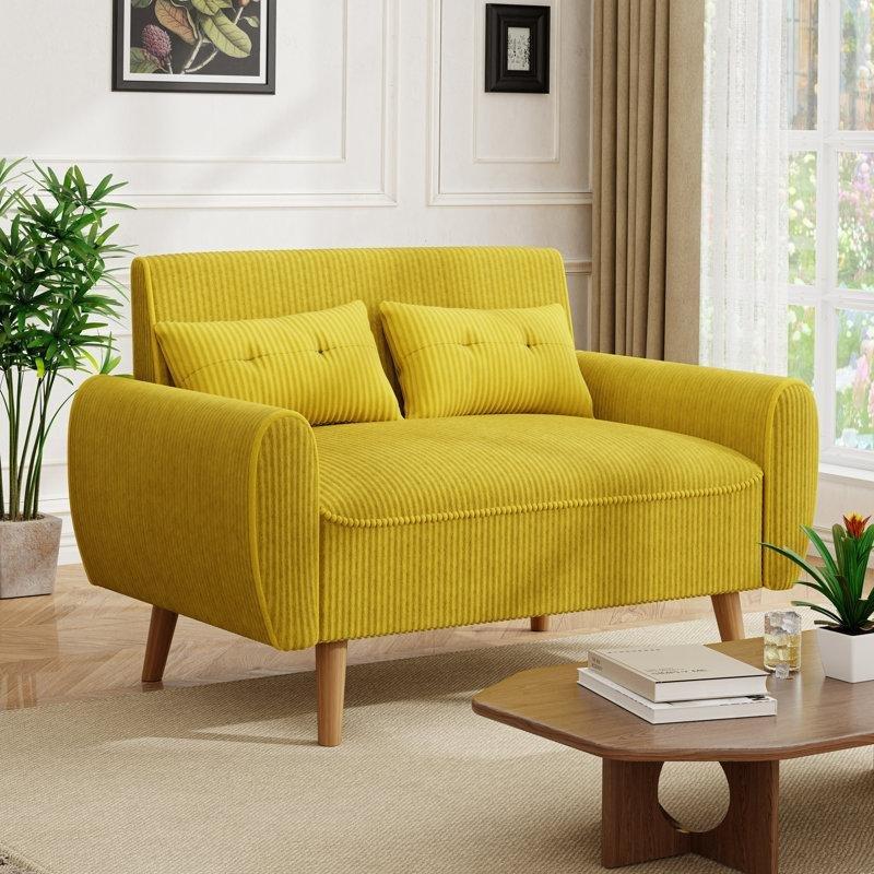 Sarı Fitilli Kadife Kapitoneli Masif Ahşap İkili Koltuk - 122 cm - 196773