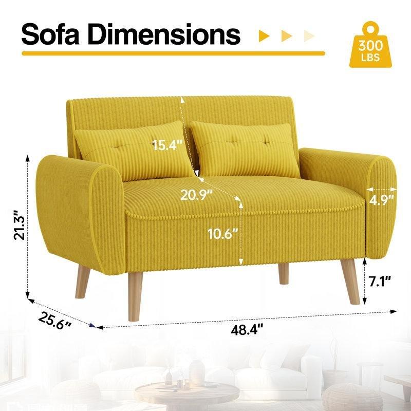 Sarı Fitilli Kadife Kapitoneli Masif Ahşap İkili Koltuk - 122 cm - 196773