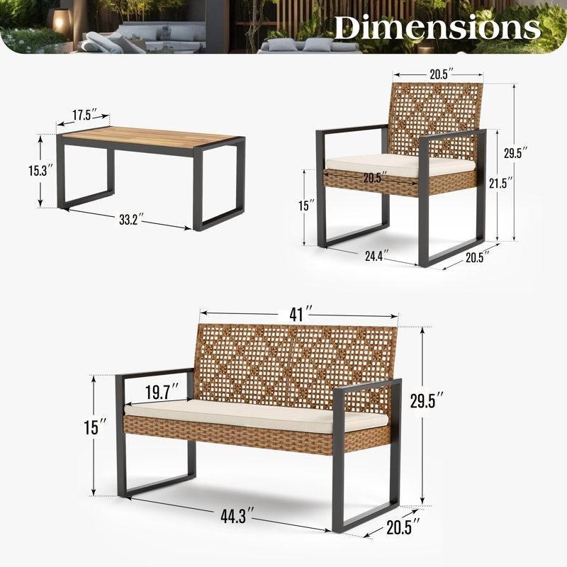 Sarı Hasır ve Siyah Metal Elmas Desenli 4 Kişilik Bahçe Takımı - 212155
