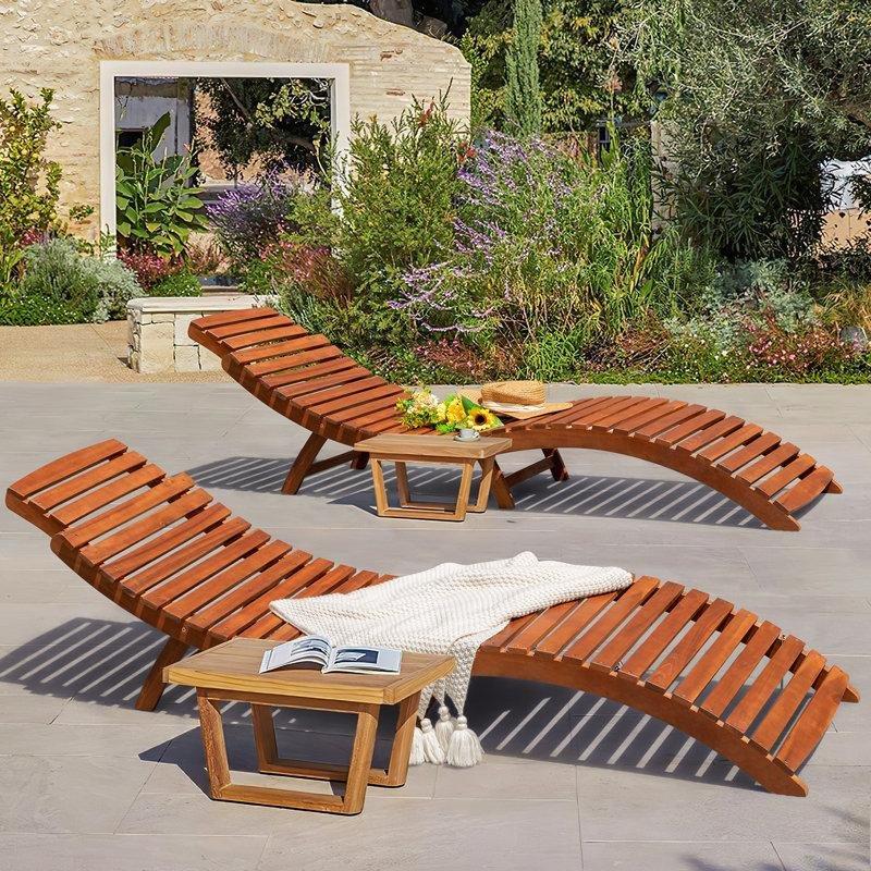 Sarı Kahverengi Ahşap Katlanır Ayarlanabilir Şezlong 2li Set - 185x60 cm - 171582