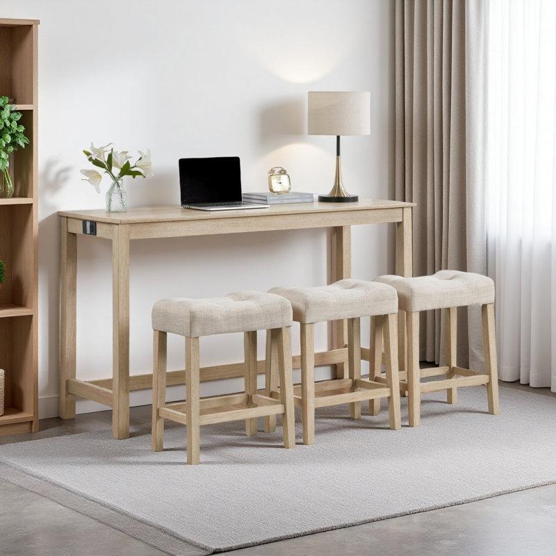 Sarı Masif Ahşap USB Portlu 3 Tabureli Koltuk Arkası Dresuar Seti - 150 cm - 217279