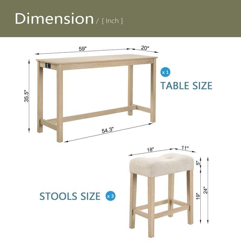 Sarı Masif Ahşap USB Portlu 3 Tabureli Koltuk Arkası Dresuar Seti - 150 cm - 217279