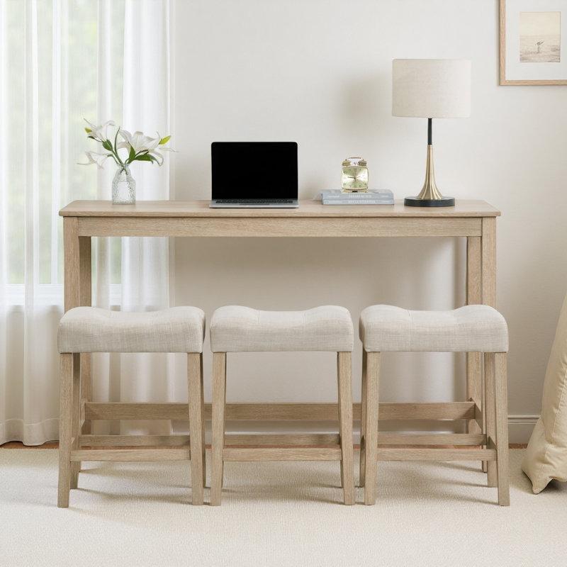 Sarı Masif Ahşap USB Portlu 3 Tabureli Koltuk Arkası Dresuar Seti - 150 cm - 217279