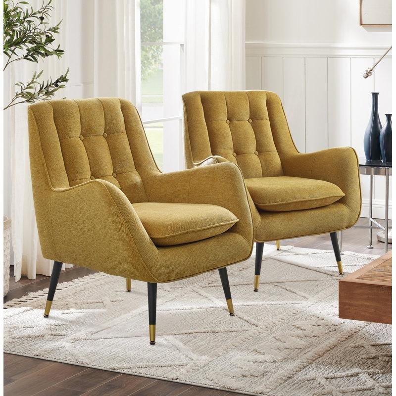 Sarı Polyester Kumaş Metal Ayaklı Kapitoneli 2li Set Tekli Koltuk - 204810