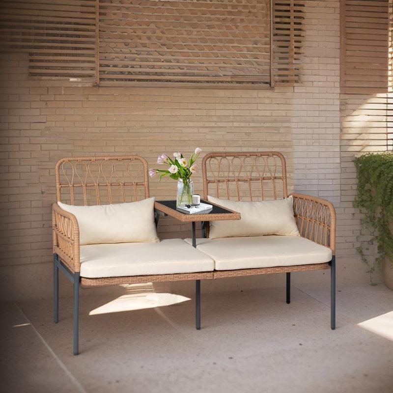 Sarı Rattan Dahili Cam Sehpalı Bahçe İkili Koltuk - 138 cm - 205902