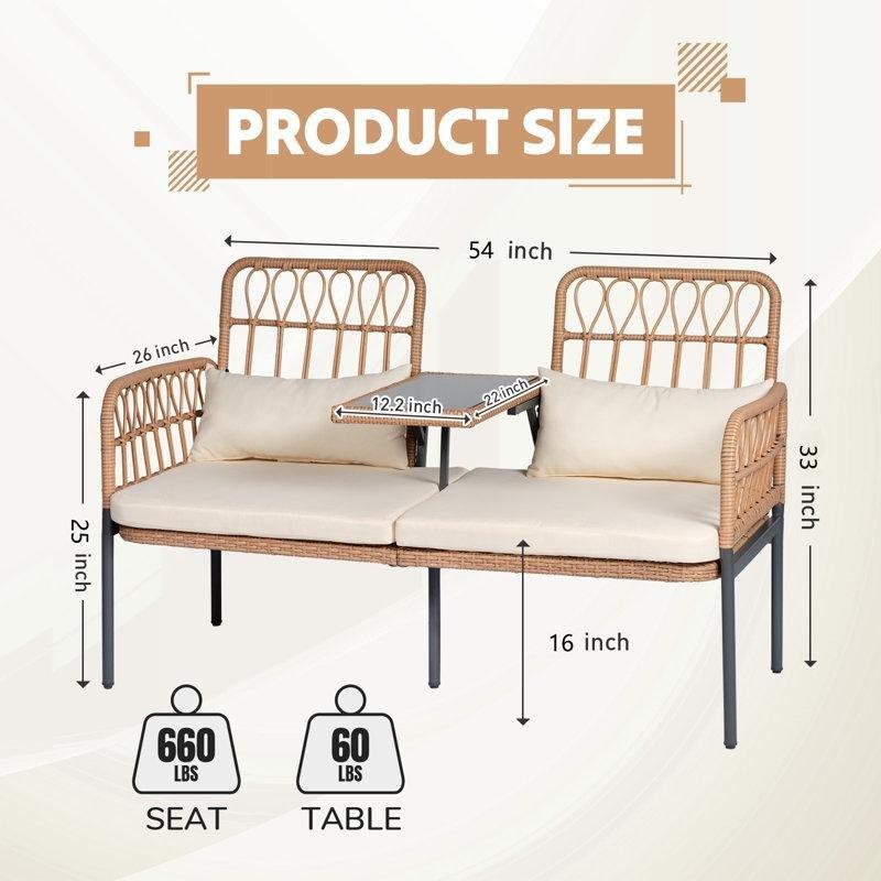 Sarı Rattan Dahili Cam Sehpalı Bahçe İkili Koltuk - 138 cm - 205902
