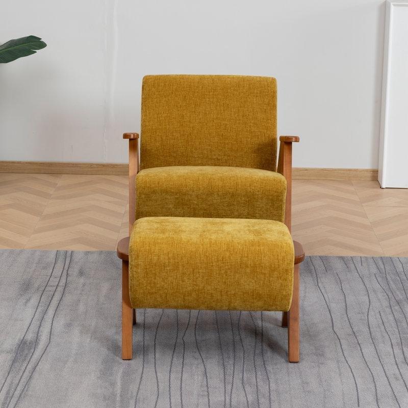 Sarı Şönil Kumaş Masif Meşe Ahşap Puflu Tekli Koltuk - 203570