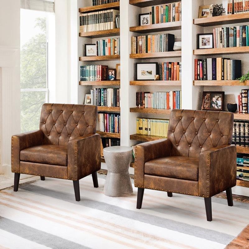 Sarımsı Kahverengi Suni Deri Kapitoneli Zımba Detaylı 2li Set Tekli Koltuk - 202881