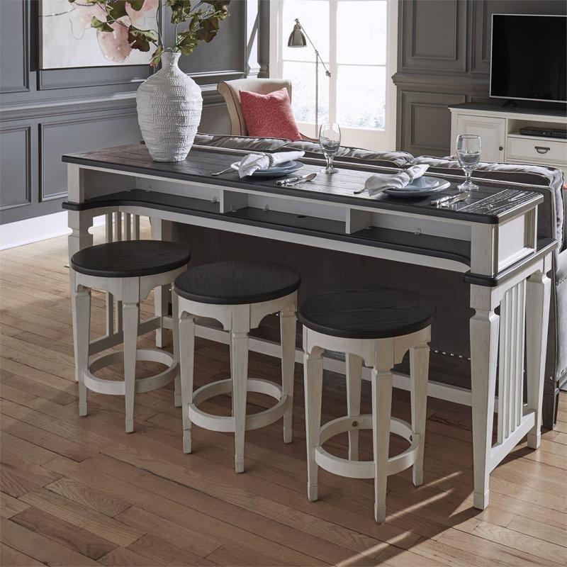 Şarj İstasyonlu 3 Tabureli Gri ve Beyaz Masif Ahşap Koltuk Arkası Dresuar Seti - 194 cm - 217903