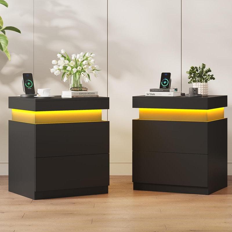Şarj İstasyonlu ve LED Işıklı 2 Çekmeceli MDF Komodin - 45x40x60 cm - 223391