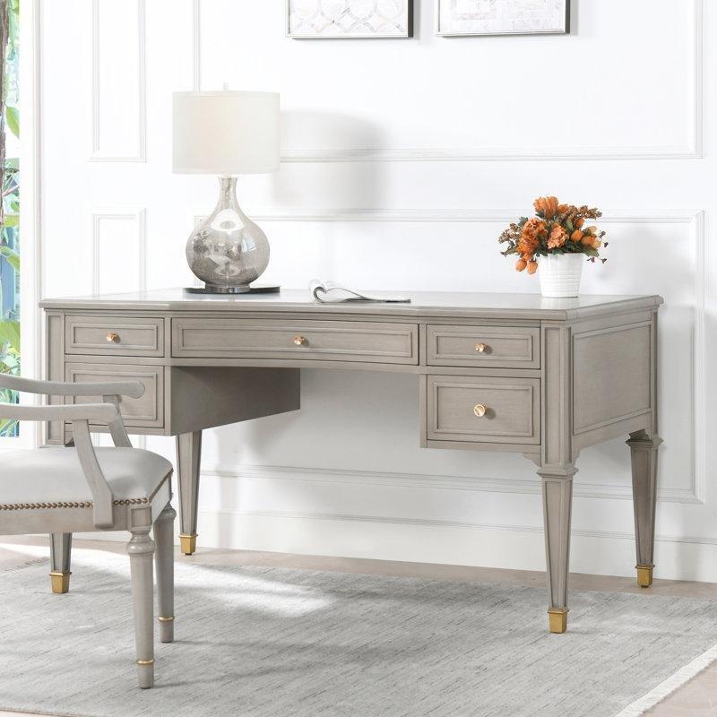Saten Gold Detaylı Masif Dişbudak ve MDF 5 Çekmeceli Vintage Çalışma Masası - 150x75 cm - 234041