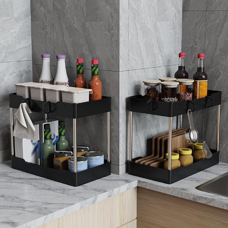 Saten Siyah Plastik 3lü Set 2 Katlı Ayarlanabilir Asılabilir Bardaklı Dolap İçi Raf - 183632