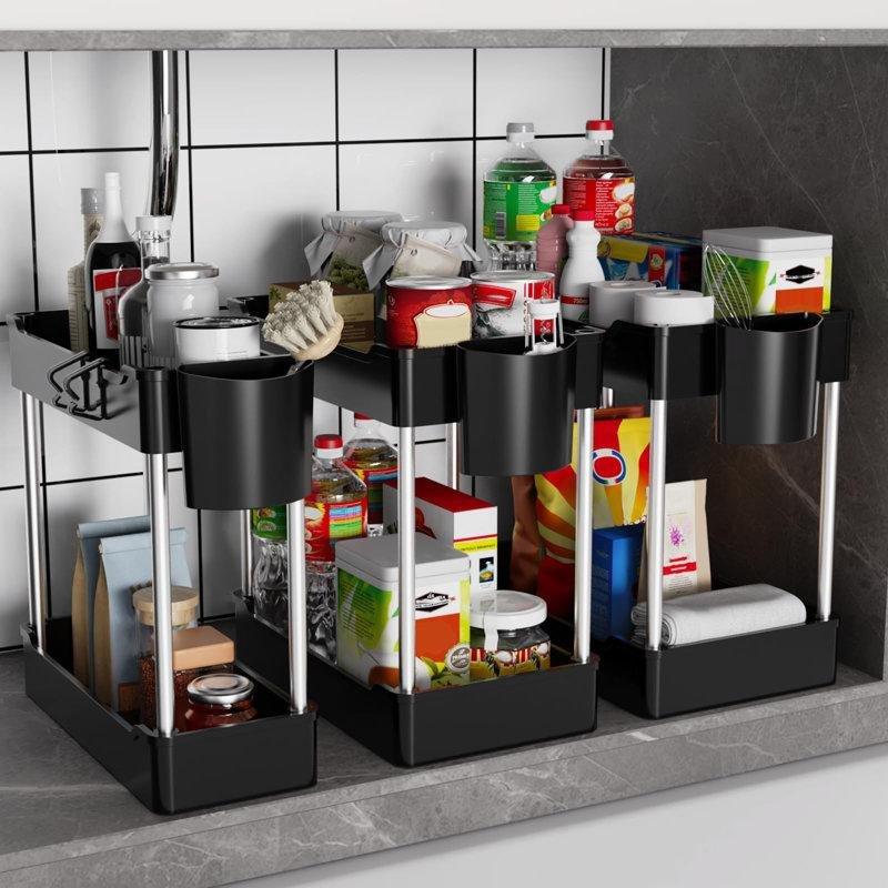Saten Siyah Plastik 3lü Set 2 Katlı Ayarlanabilir Asılabilir Bardaklı Dolap İçi Raf - 183632