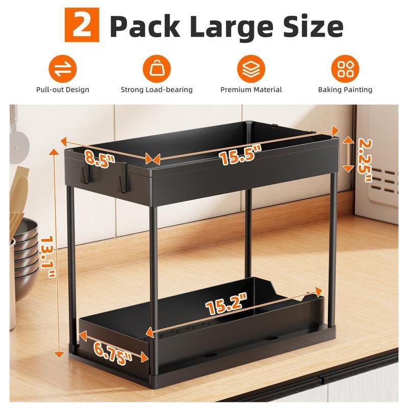 Saten Siyah Polietilen Plastik 2li Set Sürgülü 2 Katlı Ayarlanabilir Dolap İçi Raf - 40x22x34 cm - 183246