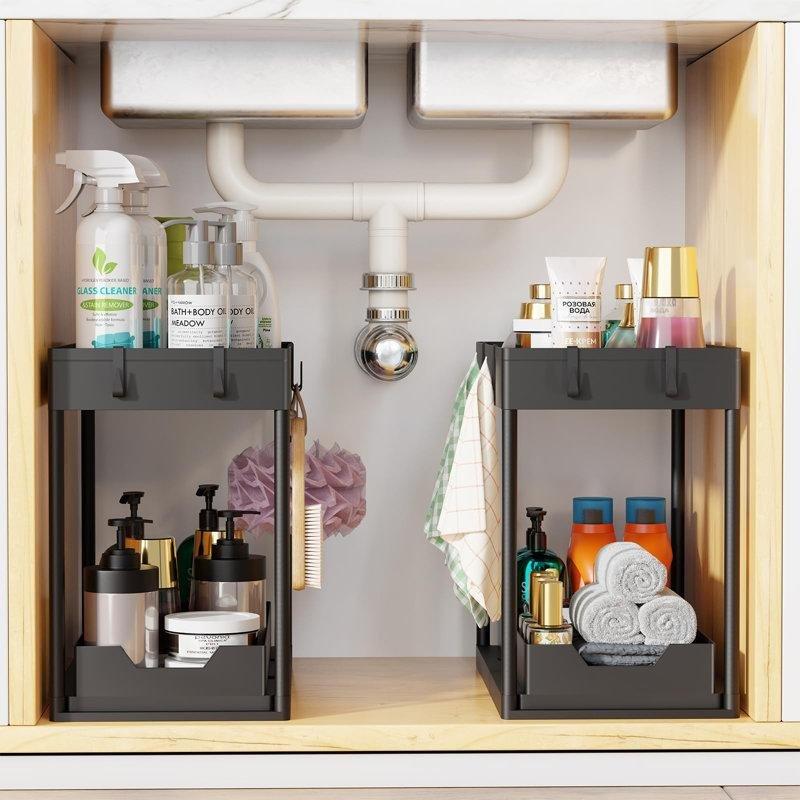 Saten Siyah Polietilen Plastik 2li Set Sürgülü 2 Katlı Ayarlanabilir Dolap İçi Raf - 40x22x34 cm - 183246