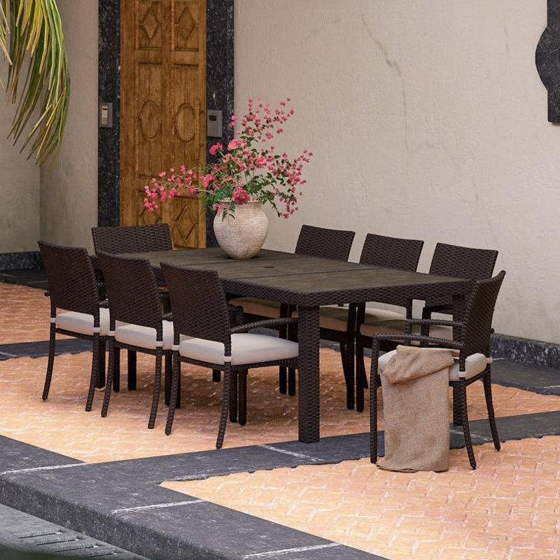 Sentetik Rattan Ahşap Görünümlü Minderli 8 Kişilik Şemsiye Delikli Dikdörtgen Bahçe Masa Takımı - 224x107 cm - 216023