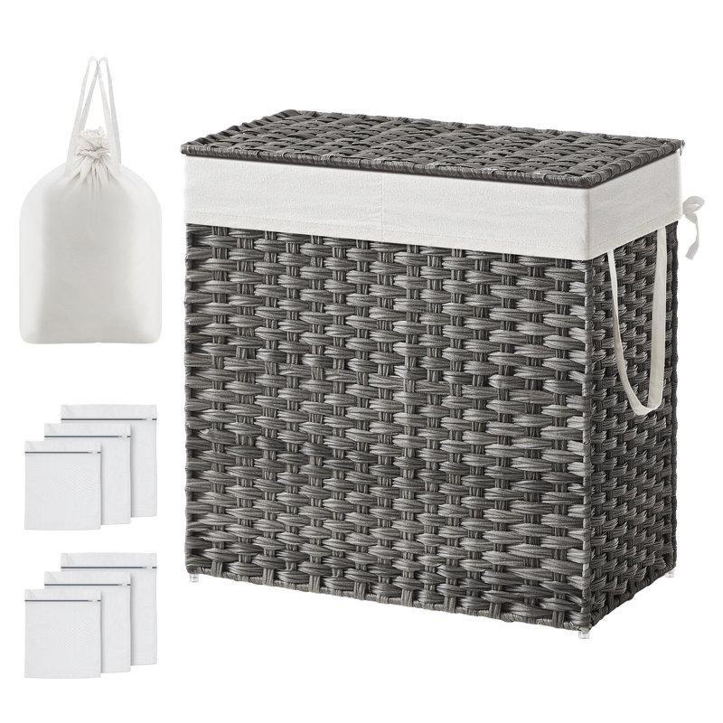 Sentetik Rattan İki Bölmeli Kapaklı Çamaşır Sepeti - 67x34x60 cm - 187834