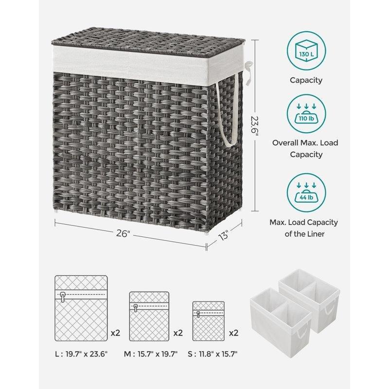 Sentetik Rattan İki Bölmeli Kapaklı Çamaşır Sepeti - 67x34x60 cm - 187834