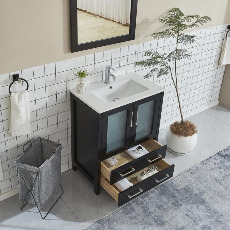 Seramik Tezgahlı Aynalı Masif ve Endüstriyel Ahşap Çekmeceli Banyo Lavabo Dolabı - 77 cm - 201643