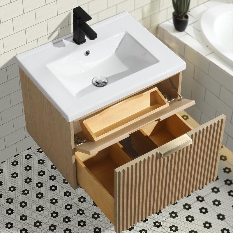 Seramik Tezgahlı Masif Ahşap Oluklu Yüzeyli Duvara Monte Banyo Lavabo Dolabı - 61 cm - 198271