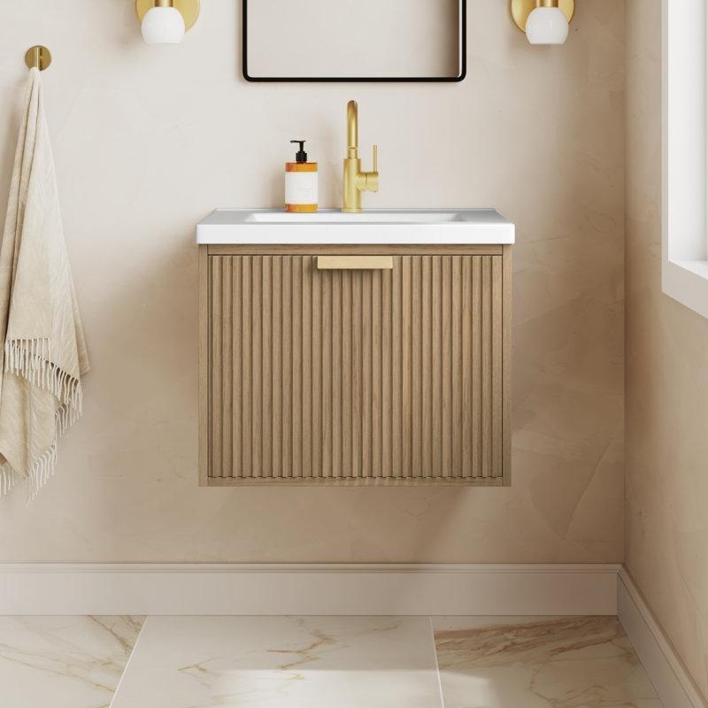 Seramik Tezgahlı Masif Ahşap Oluklu Yüzeyli Duvara Monte Banyo Lavabo Dolabı - 61 cm - 198271