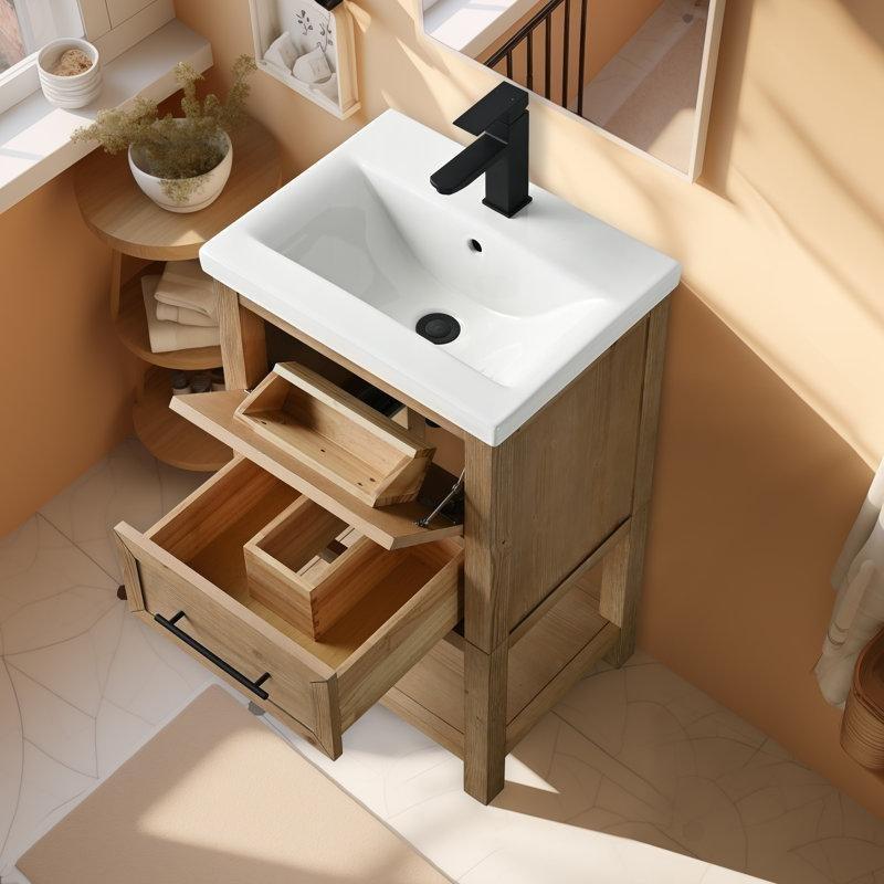 Seramik Tezgahlı Masif Ahşap Yavaş Kapanır Çekmeceli Banyo Lavabo Dolabı - 51 cm - 199346