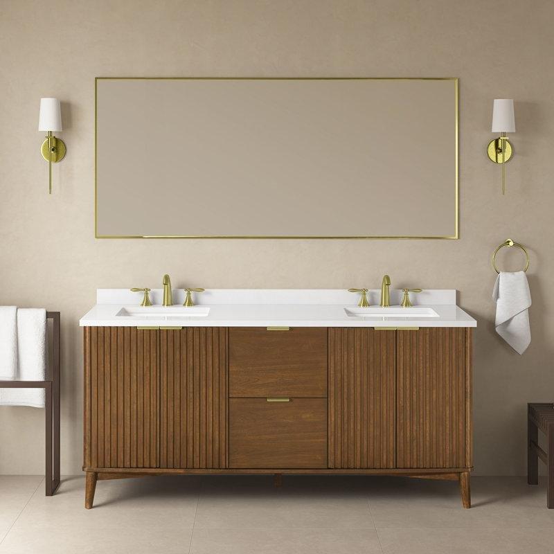 Sıcak Ceviz Masif Ahşap Çift Lavabolu Yivli Kapaklı Ayaklı Banyo Lavabo Dolabı - 183 cm - 201768