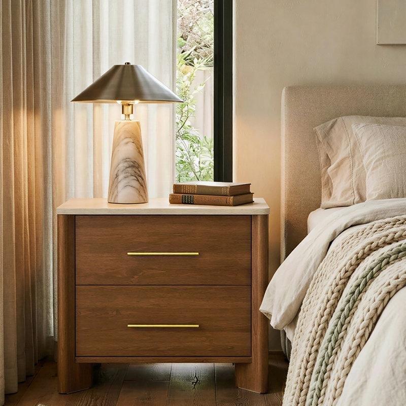 Sıcak Kestane MDF Traverten Görünümlü İki Çekmeceli Komodin - 60 cm - 223163