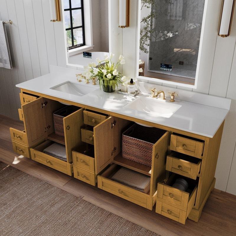 Sienna Rengi Masif Huş Ağacı Ayaklı Çift Lavabolu Banyo Dolabı Beyaz Kuvars Tezgahlı - 214 cm - 202077
