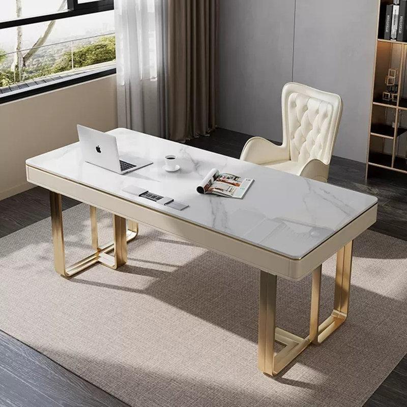 Sinterlenmiş Taş Tablalı Gold Metal Ayaklı Dahili Prizli Çekmeceli Ofis Masası - 180 cm - 177286