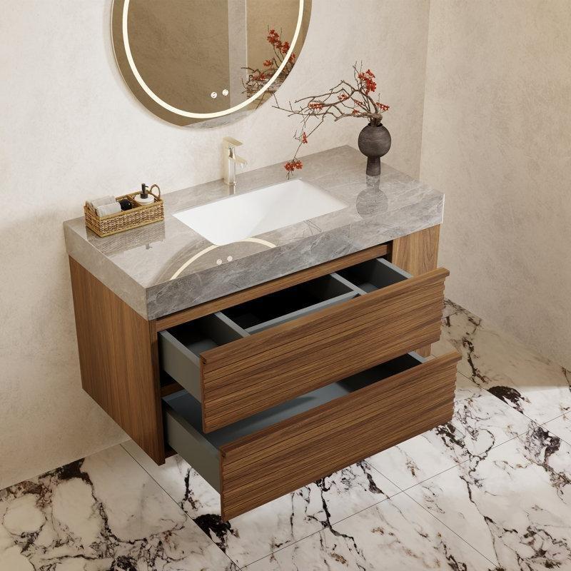 Sinterlenmiş Taş Tezgahlı Ceviz Kaplama Duvara Monte 2 Çekmeceli Banyo Lavabo Dolabı - 92 cm - 197795