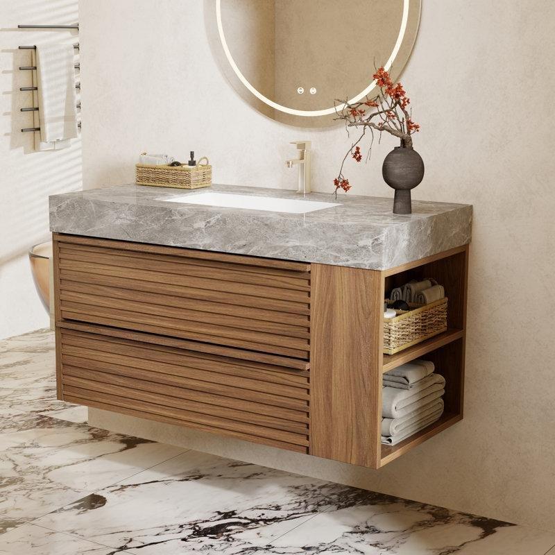 Sinterlenmiş Taş Tezgahlı Ceviz Kaplama Duvara Monte 2 Çekmeceli Banyo Lavabo Dolabı - 92 cm - 197795