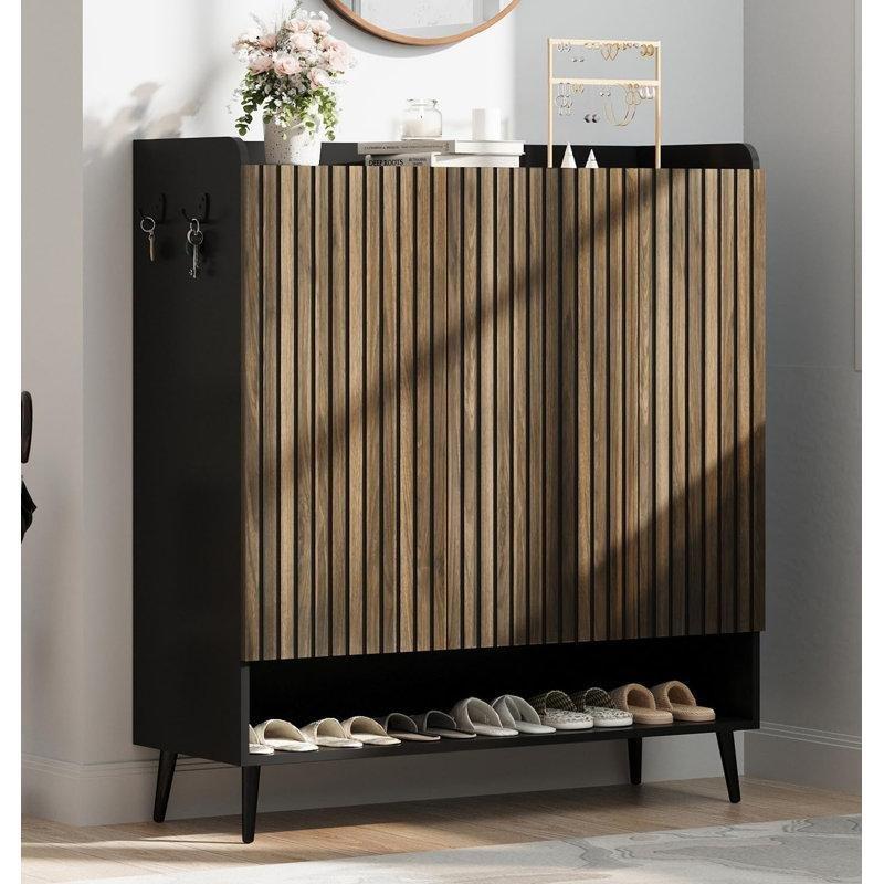 Siyah 3 Kapaklı Ayarlanabilir Raflı Kancalı Ayakkabılık Dolabı - 97x38x110 cm - 227180