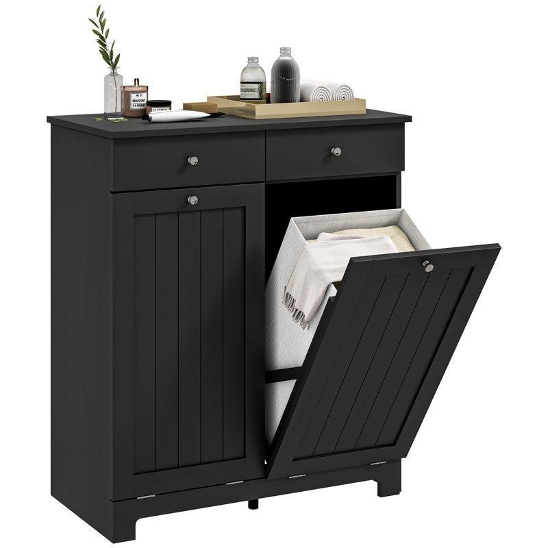 Siyah Ahşap 2 Çekmeceli ve Eğik Açılır Kapaklı Dolaplı Çamaşır Sepeti - 78x39x90 cm - 187488