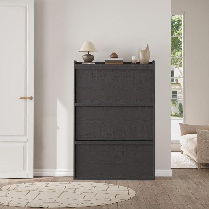 Siyah Ahşap 3 Düşer Kapaklı Ayarlanabilir Raflı Ayakkabılık - 81x27x118 cm - 227378