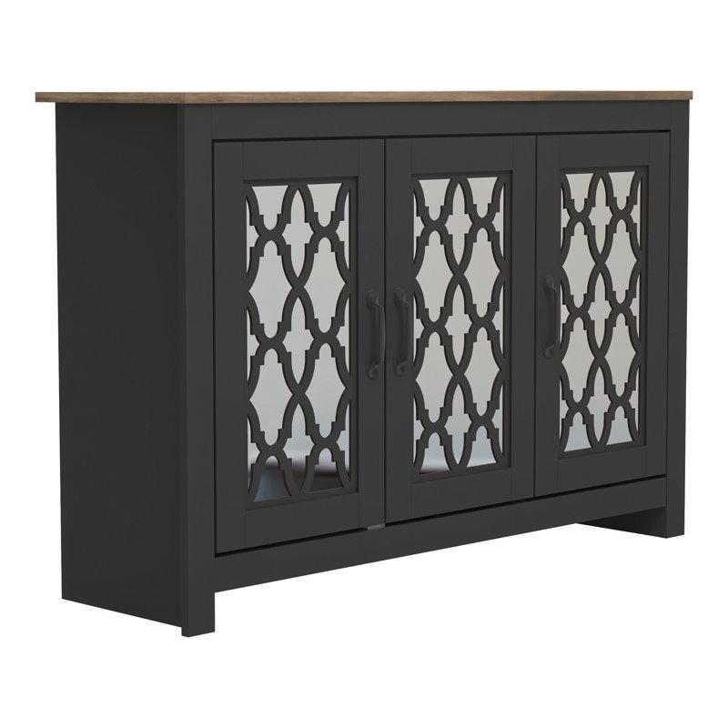 Siyah Ahşap 3 Kapaklı Desenli Aynalı Ayakkabılık - 113x35x77 cm - 229280