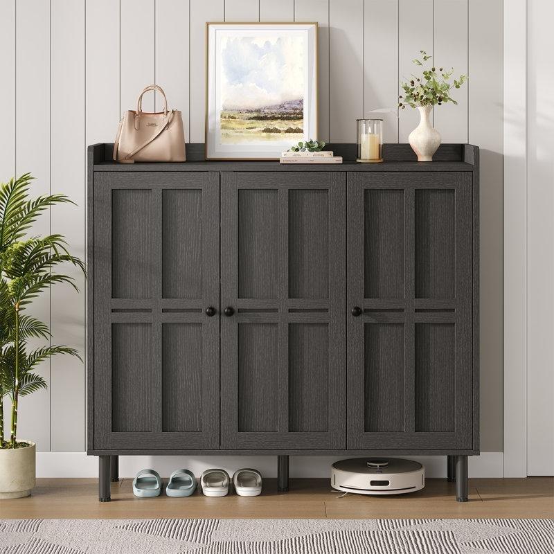 Siyah Ahşap 3 Kapılı 5 Raflı Ayakkabılık Dolabı - 112x102x36 cm - 229752