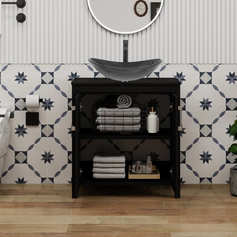 Siyah Ahşap Ayaklı Cam Lavabolu Banyo Dolabı Batarya Dahil - 77 cm - 201671