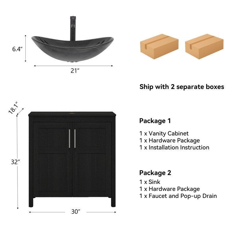 Siyah Ahşap Ayaklı Cam Lavabolu Banyo Dolabı Batarya Dahil - 77 cm - 201671