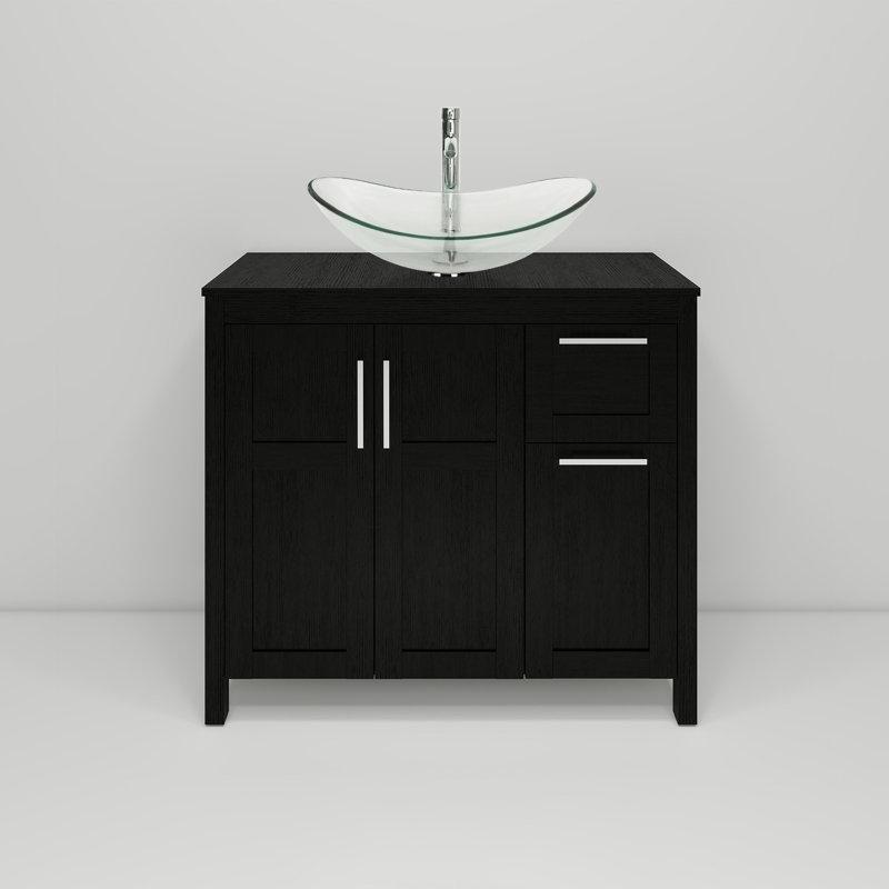 Siyah Ahşap Ayaklı Çanak Lavabolu 2 Çekmeceli Banyo Dolabı - 91 cm - 201709