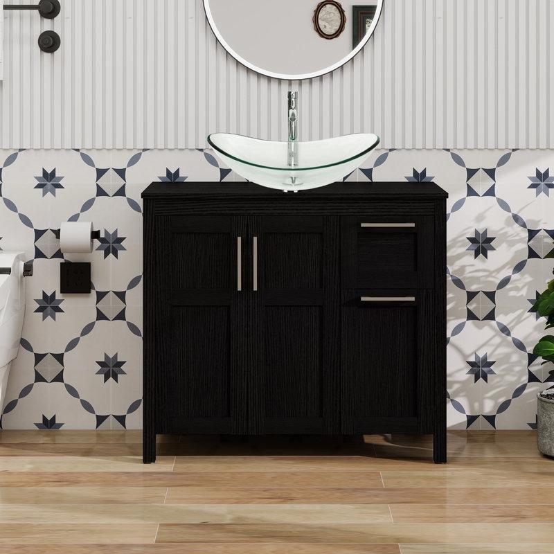 Siyah Ahşap Ayaklı Çanak Lavabolu 2 Çekmeceli Banyo Dolabı - 91 cm - 201709