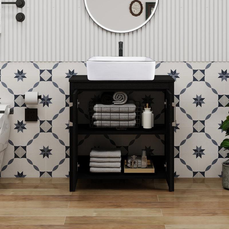 Siyah Ahşap Ayaklı Çanak Lavabolu Banyo Lavabo Dolabı - 77 cm - 199288
