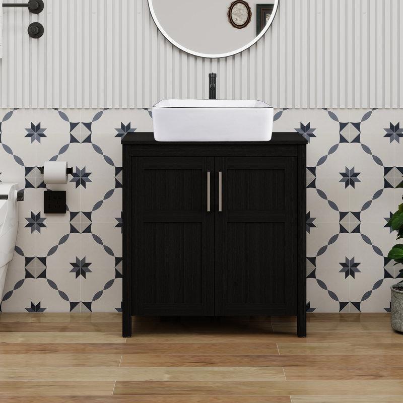 Siyah Ahşap Ayaklı Çanak Lavabolu Banyo Lavabo Dolabı - 77 cm - 199288