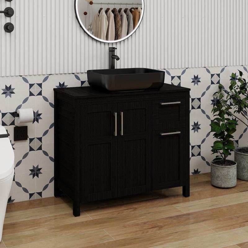 Siyah Ahşap Ayaklı Çekmeceli Çanak Lavabolu Banyo Dolabı - 91 cm - 199599