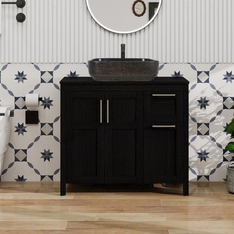 Siyah Ahşap Ayaklı Çekmeceli Çanak Lavabolu Banyo Dolabı - 91 cm - 199599