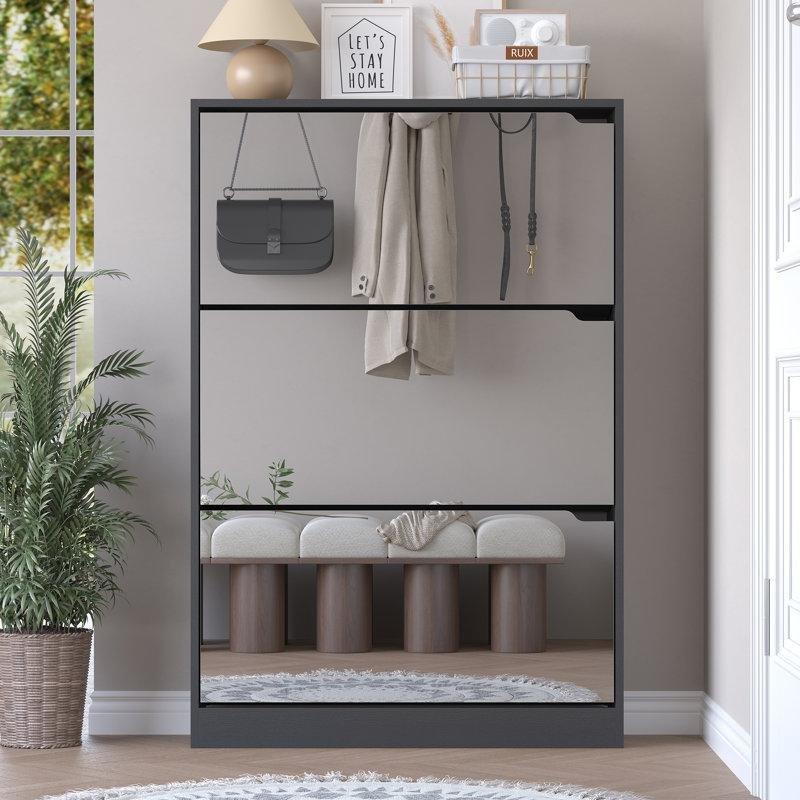 Siyah Ahşap Aynalı Ayarlanabilir Raflı Düşer Kapaklı Ayakkabılık - 81x25x120 cm - 228990