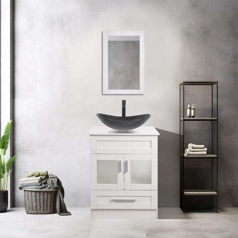 Siyah Ahşap Aynalı Çekmeceli Ayaklı Banyo Lavabo Dolabı - 60 cm - 201506