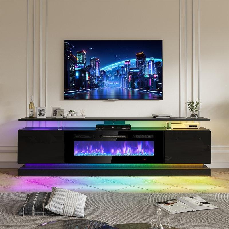 Siyah Ahşap Aynalı LED Aydınlatmalı Şömineli TV Ünitesi - 178 cm - 222483