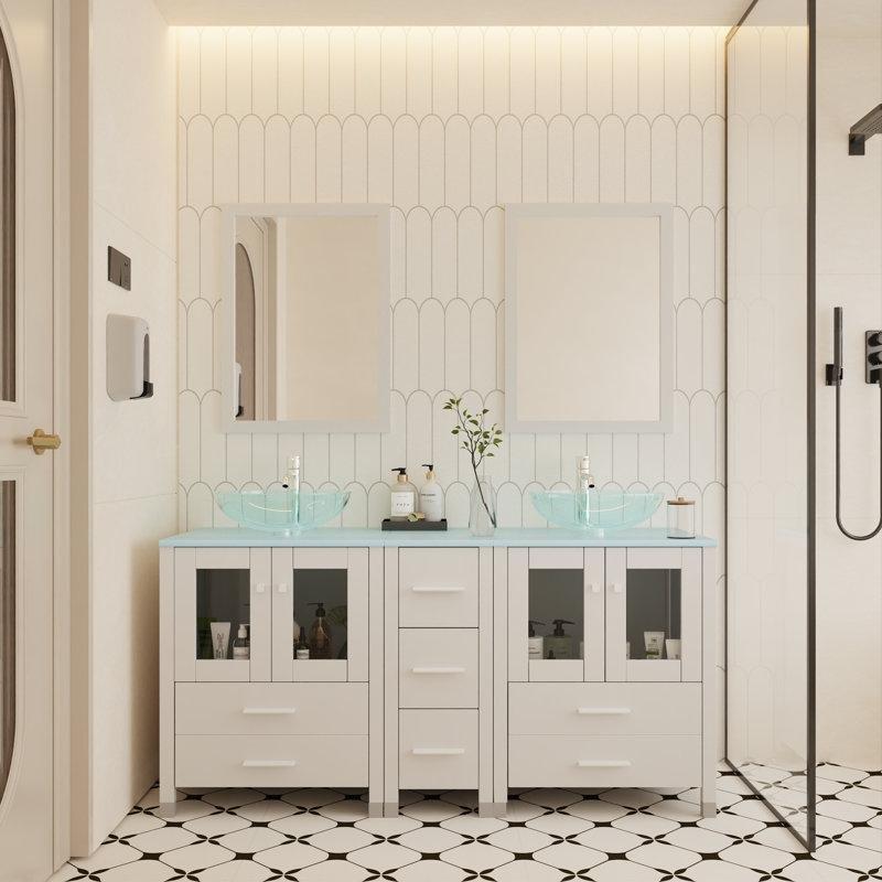 Siyah Ahşap Aynalı ve Çekmeceli İkili Çanak Lavabolu Banyo Dolabı Seti - 156 cm - 199493